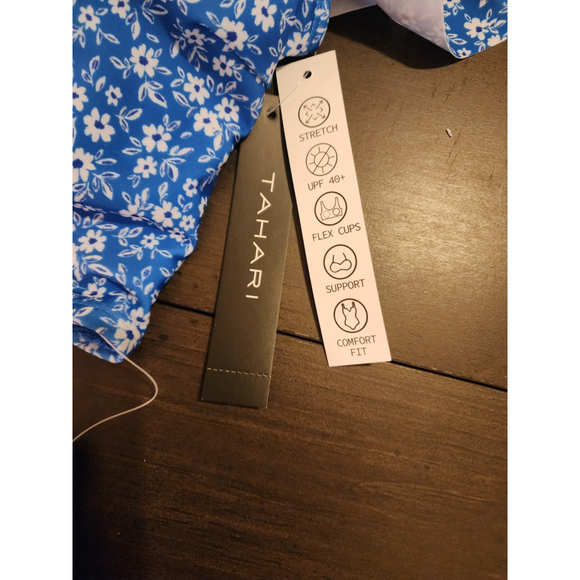 Tahari 2 piece Set Swimsuit Bathing Suit Off Shoulder LARGE Blue White Floral - Picture 12 of 16